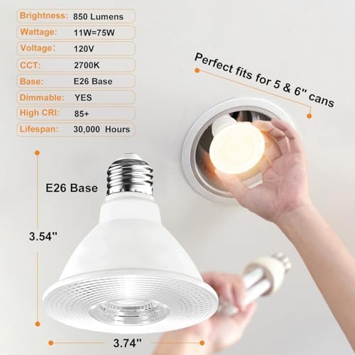 PAR30 Short Neck LED Flood Light Bulbs Dimmable 11W 2700K 6 Pack - Image 2