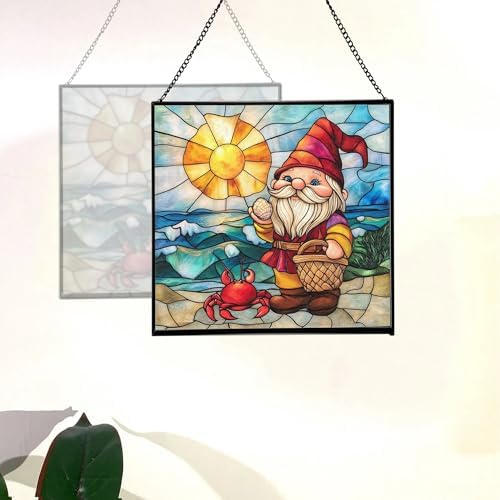 Coastal Gnome Day Stained Glass Suncatcher – Square Hanging Window Panel for Home or Greenhouse – Whimsical Glass Art Gift for Garden Lovers, Christmas, Halloween, Father Days MDrNXL - Image 4