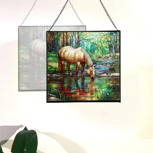 Palomino Rocky Mountain Horse grazing beside shallow stream Square Suncatcher –Stained Glass Style Window Panel with Pastoral Scene, Custom Decorative Hanging Art for Equestrian Home, Christmas Jkv88r - Image 4