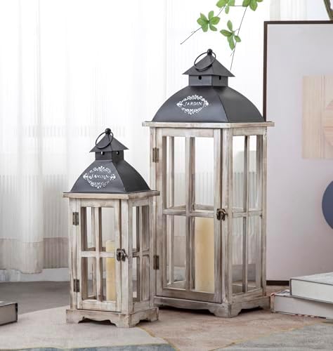 Set of 2 Large Decorative Wooden Metal Lanterns, Farmhouse Rustic Floor Candle Lanterns, Indoor/Outdoor Hanging Lanterns for Home Decor (No Glass) - Image 7