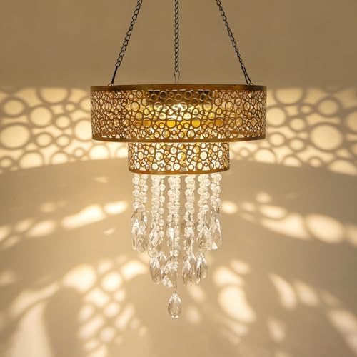 Solar Powered Hanging Chandelier Gold Metal Frame Acrylic Crystal Waterproof Outdoor Hanging Light for Patio, Wedding, Party, Garden Decor Rechargeable LED Pendant Lamp with Auto On/Off by HUYIENO
