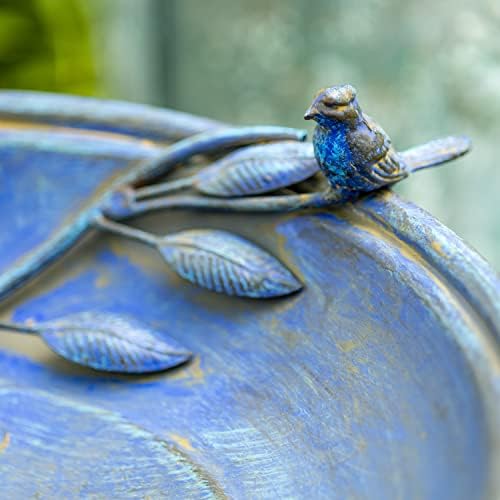 Zaer Ltd. Deep Well Made Metal Birdbath with 2 Cast Iron Birds and Leaf Decoration (Frosted Blue) - Image 7