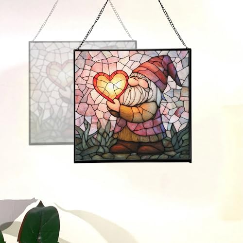 Valentine Gnome Hug Stained Glass Suncatcher – Square Hanging Window Panel for Home or Greenhouse – Whimsical Glass Art Gift for Garden Lovers, Christmas, Halloween, Father Days nULTXb - Image 4