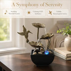 AOZITA Tabletop Fountain, Indoor Waterfall Fountain, Small Home Décor Zen Relaxation Soothing Sound Machine for Office, Living Room, or Bedroom, Bronze Metal Lotus with Hummingbird, River Rocks, LED - Image 3