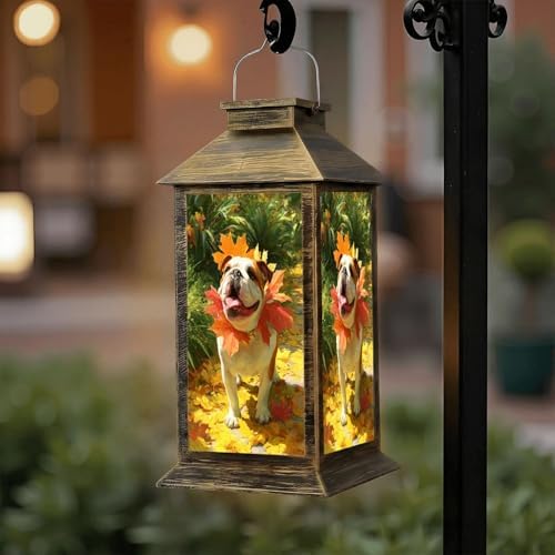 Solar Lantern Outdoor Waterproof English Bulldog Autumn Leaves Autumn Garden Decor LED Hanging Solar Lights Tabletop Lamp Gifts for Women Mom Outside Yard Patio Porch by DERUINVAIO