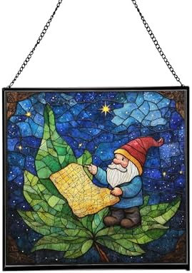Gnome with Night Sky map Stained Glass Suncatcher – Square Hanging Window Panel for Home, Garden, Nursery, Halloween, Christmas, Memorial Day – Whimsical Glass Art Gift for Gnome Lovers cg43hu by Custom
