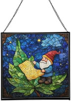 Gnome with Night Sky map Stained Glass Suncatcher – Square Hanging Window Panel for Home, Garden, Nursery, Halloween, Christmas, Memorial Day – Whimsical Glass Art Gift for Gnome Lovers cg43hu by Custom