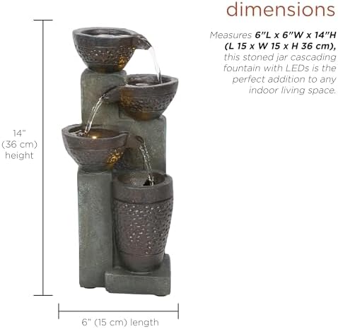 Alpine Corporatio 14" Tall Stoned Jar Cascading Water Fountain with LED Lights, Elegant Tabletop Water Feature for Home, Office, Living Room, and Bedroom Decor, Gray - Image 4