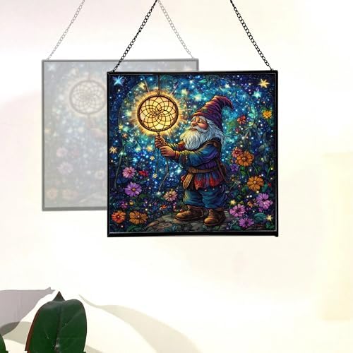 Gnome with Dreamcatcher Stained Glass Suncatcher – Square Hanging Window Panel for Home or Greenhouse – Whimsical Glass Art Gift for Garden Lovers, Christmas, Halloween, Father Days 8jzg1a - Image 4