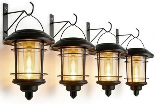 Dynaming 4 Pack Solar Lanterns Outdoor, Hanging Lantern Solar Garden Lights with Edison Bulb, Wall Mounted LED Light Auto On/Off, Waterproof for Garage Stair Patio Front Porch Yard, Warm White by Dynaming