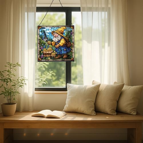 Gnome Beekeeping Stained Glass Suncatcher – Square Hanging Window Panel for Home, Garden, Nursery, Halloween, Christmas, Memorial Day – Whimsical Glass Art Gift for Gnome Lovers kbh7x5 - Image 7