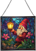 Candlelight Gnome Night Stained Glass Suncatcher – Square Hanging Window Panel for Home or Greenhouse – Whimsical Glass Art Gift for Garden Lovers, Christmas, Halloween, Father Days H1M9Wh by Custom