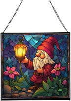 Candlelight Gnome Night Stained Glass Suncatcher – Square Hanging Window Panel for Home or Greenhouse – Whimsical Glass Art Gift for Garden Lovers, Christmas, Halloween, Father Days H1M9Wh by Custom