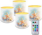 Starfish Beach Pattern 4 Packs Flameless LED Battery Candles with Colored Light Waterproof Pillar Fake Candles with Remote for Wedding Beach Party Decor Home Decoration by Unknown