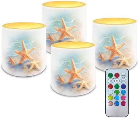 Starfish Beach Pattern 4 Packs Flameless LED Battery Candles with Colored Light Waterproof Pillar Fake Candles with Remote for Wedding Beach Party Decor Home Decoration by Unknown