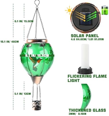 St Patricks Hot Air Balloon Solar Lantern - Patrick's Shamrock Glass Lantern, Simulated Flickering & Dancing Flame, Outdoor Hummingbird Hanging Yard Light for Patio Porch Decor Irish Clover Gift - Image 6
