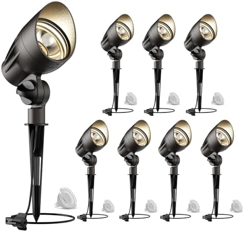 GOODSMANN Low Voltage Landscape Flood Lights 5W LED 8PK Outdoor Spotlight 2700K Warm White Replaceable LED Bulbs Outside Hardwired Lighting with Metal Stake Cable Connector Replaceable by GOODSMANN