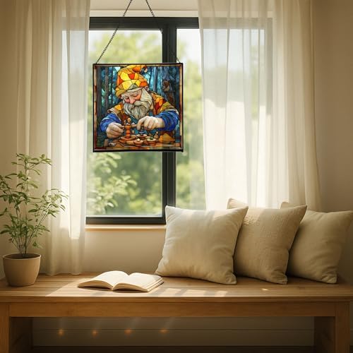 Gnome with Wooden Toys Stained Glass Suncatcher – Square Hanging Window Panel for Home, Garden, Nursery, Halloween, Christmas, Memorial Day – Whimsical Glass Art Gift for Gnome Lovers j20dxf - Image 7