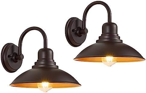 GOLDHILL 10.5" Bronze Gooseneck Metal Outdoor Barn Light 2-Pack, Powder Coated Anti-Rust Farmhouse Exterior Wall Sconce with Gold Interior, Wet Location Rated for Porch, Garage, Bathroom Vanity by Goldhill