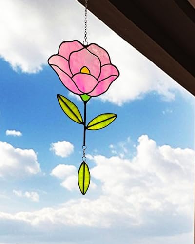 Stained Glass Window Hangings, Handcrafted Garden Suncatchers for Window and Home Decor Decor, Unique Artisan Glass Ornaments for Indoor and Outdoor Use (B-Pink) - Image 5