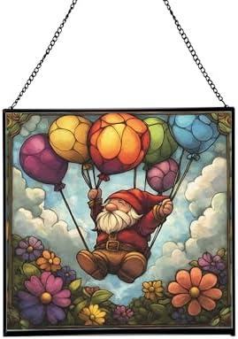 Flower Balloon Lift Gnome Stained Glass Suncatcher – Square Hanging Window Panel for Home or Greenhouse – Whimsical Glass Art Gift for Garden Lovers, Christmas, Halloween, Father Days 6a0pyd by Custom