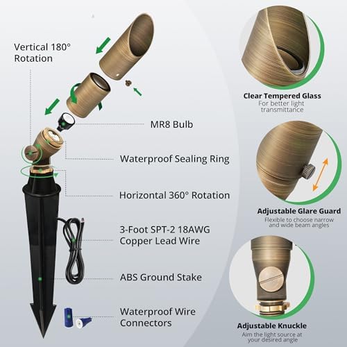 GKOLED Low Voltage Solid Brass LED Spotlight with MR8 Bulb, Outdoor Waterproof Landscape Lighting, Adjustable Uplights with Stake for House Garden Trees Lawn Patio Yard Fence, 3W 12V 180LM 2700K - Image 3