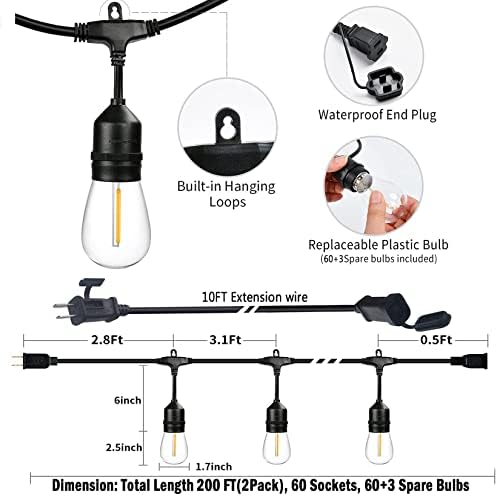 200FT String Lights for Outside LED Patio Lights Outdoor Waterproof - Image 2