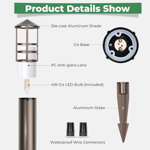 Gardencoin Low Voltage Landscape Pathway Lights, Replaceable G4 Bulb 12V 4W 2700K Outdoor LED Landscape Lighting, Aluminum Waterproof Walkway Lighting, Bollard Path Lights Wired, Bronze 12 Pack - Image 4