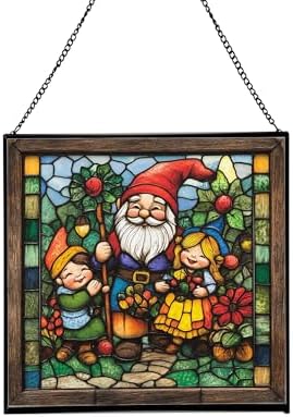 Gnome with Seasonal Celebration Stained Glass Suncatcher – Square Hanging Window Panel for Home, Garden, Nursery, Halloween, Christmas, Memorial Day – Whimsical Glass Art Gift for Gnome Lovers sfibxo by Custom