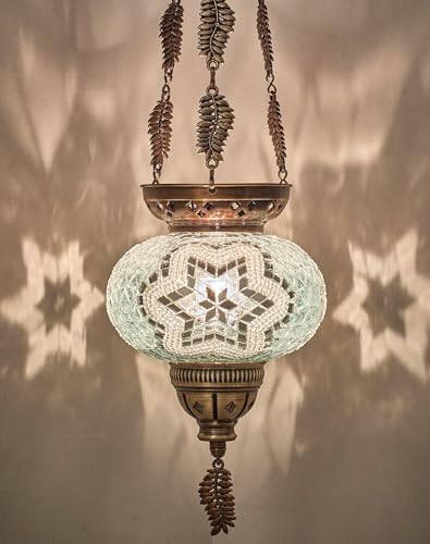 DEMMEX Turkish Moroccan Mosaic Hanging Candle Holder Decorative Lantern with Colorful Mosaic Glass Globe and Metal Leaf Chains, Handmade in Turkey, 24" H, White by DEMMEX