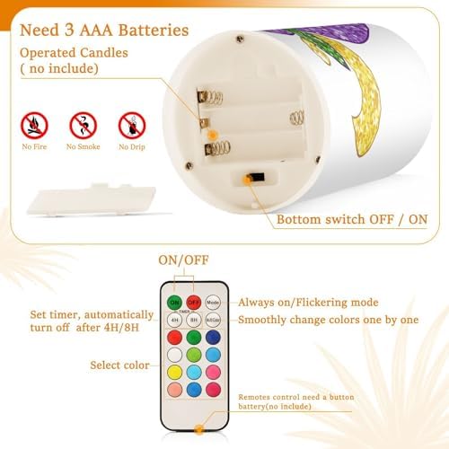 YETTASBIN Mardi Gras Flameless Candles with Remote Control and Timer, Adjustable Brightness Long Lasting Battery Operated LED Pillar Candles for Indoor Outdoor Party Home Decor, 2 Pack - Image 4