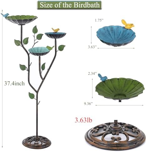 Bird Baths for Outdoors, 37" H Bird Bath for Outside, 3-in-1 Bird Feeders for Outdoors, Pedestal Birdbaths, Metal Bird Bath Bowl for Garden, Lawn, Yard Decor - Image 3