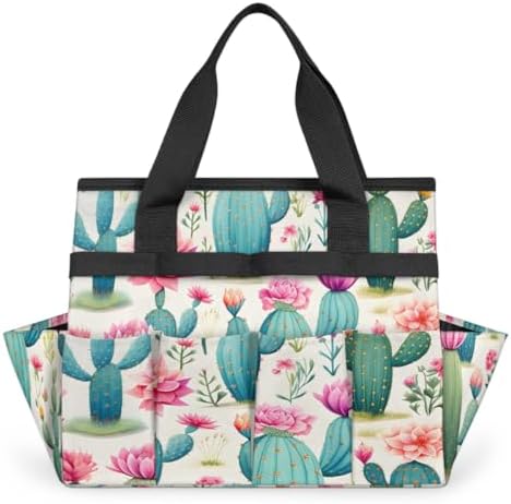 Cactus Garden Tool Bag Organizer Heavy Duty Watercolor Cacti Flower Gardening Tote Bag with 10 Pockets for Women Men Gardening Gifts by Home