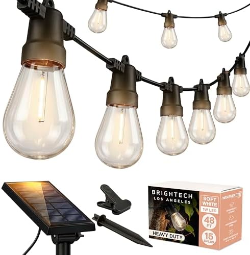 Brightech Ambience Pro Solar Powered Outdoor String Lights, 48 ft Commercial Grade Waterproof Patio Lights, 15 Edison Bulbs, Shatterproof LED String Lights for Outside, Porch - 1W Soft White by Brightech