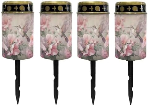 Poceacles Outdoor Solar Lights Solar Garden Lights Cemetery Solar Lights Water Resistant Pillar Candle Solar Garden Stake Lights for Cemetery Grave Decorations, Hummingbird Flower Pink, Pack of 4 by Poceacles