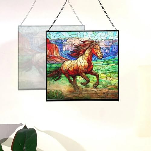 Brown Mustangs Horse cantering Through Open Canyon Floor Square Suncatcher – Stained Glass Style Window Panel with Pastoral Scene, Custom Decorative Hanging Art for Equestrian Home, Christmas hKBZvO - Image 4