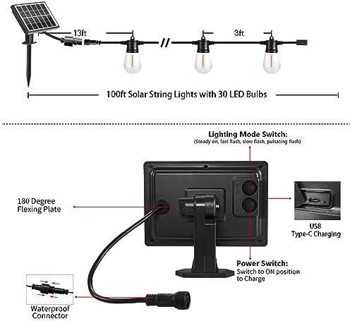 SUNTHIN 100ft Solar String Light Outdoor, USB Rechargeable Patio Solar Outdoor Lights with Waterproof & Shatterproof 30 LED Bulbs for Backyard, Porch, Garden, Pool, Party, Camping - Image 2