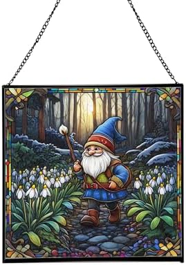 Snowdrop Gnome Walk Stained Glass Suncatcher – Square Hanging Window Panel for Home or Greenhouse – Whimsical Glass Art Gift for Garden Lovers, Christmas, Halloween, Father Days D9Mw7a by Custom