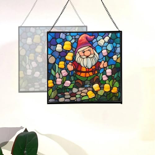 Gnome in Marshmallow Garden Stained Glass Suncatcher – Square Hanging Window Panel for Home or Greenhouse – Whimsical Glass Art Gift for Garden Lovers, Christmas, Halloween, Father Days KUb2c5 - Image 4