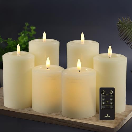LumiPur Essentials Natural Glow Flameless Flickering Wax Pillar 6 Pack LED Candles (2X 3" x 4" 5" & 6") (Linen White, 6 Pack) by LumiPur