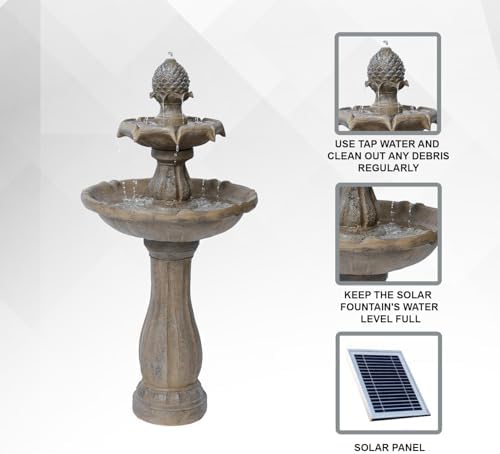 XBrand 44" H Solar Water Fountain, Two-Tier Outdoor Garden Fountain with Bird Bath, Fiberglass Resin Design, & Auto Shut-Off Pump for Patio Yard Decor - Image 3