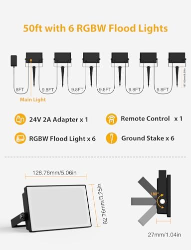 Onforu RGBW Flood Lights Outdoor with Remote, Wired 6 Pack in 1 Cord Color Changing LED Landscape Lights, IP65 Waterproof Uplights for Events, Uplighting for Halloween Christmas Garden Yard Party - Image 2