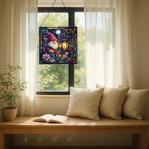 Candlelight Gnome Night Stained Glass Suncatcher – Square Hanging Window Panel for Home or Greenhouse – Whimsical Glass Art Gift for Garden Lovers, Christmas, Halloween, Father Days 69ifQy - Image 7