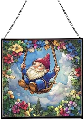 Wreath Swing Gnome Stained Glass Suncatcher – Square Hanging Window Panel for Home or Greenhouse – Whimsical Glass Art Gift for Garden Lovers, Christmas, Halloween, Father Days u0rdBM by Custom