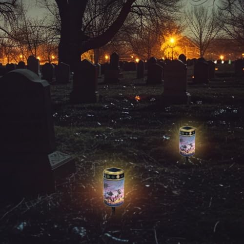 Poceacles Solar Lights Outdoor Solar Powered Outdoor Cemetery Stake Candle Grave Lamp Landscape Lighting Waterproof Grave Flameless Candle, Palm Tree Beach Sunset Pattern Violet Blue, Pack of 2 - Image 4