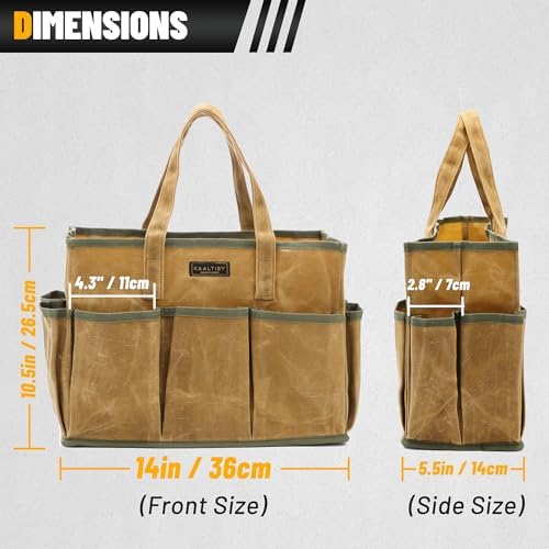 16OZ Waxed Canvas Tool Tote Bag | Large-Capacity Tool Storage Tote with 10 External Pockets | Multi-Purpose Garden Tool Carrier for Gardening, Wrench, and Carpentry Tools – Khaki - Image 2