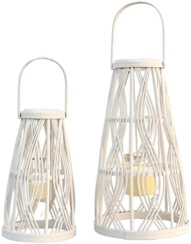 Key West Bamboo Hurricane Candle Lanterns, Set of 2, White by WHWWholeHouseWorlds