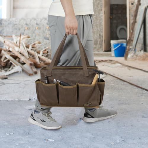 15.5-Inch Foldable Open Top Waxed Canvas Tool Bag, Multi-Purpose Wrench Tool Pouch with Handle, Durable and Water Resistant(Grey) - Image 5