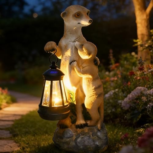 Meerkat Mother & Baby Solar Lantern Garden Statue Outdoor Decor Figurine - Image 5