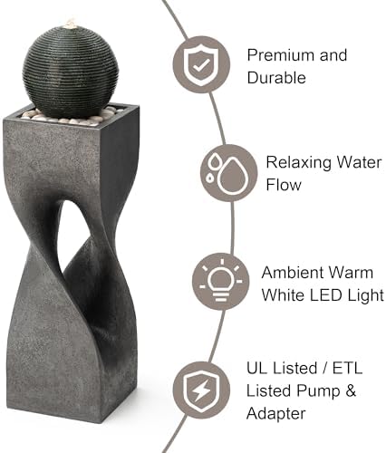 Glitzhome Modern Geometric Outdoor Water Fountain with LED Light, Oversized Pedestal Water Fountains with Submersible Pump, Sphere Floor Standing Fountain with Pebbles for Garden Patio Decor, 40.5”H - Image 3